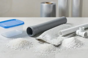 Berbagai produk dan bahan baku plastik yang menampilkan perbandingan antara PP dan PVC.
