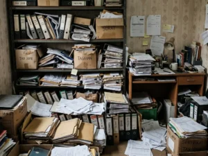 Ruang arsip kantor dengan dokumen berantakan meski sudah diatur.