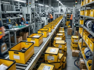 WIP box kuning berlabel batch mengalir di conveyor belt lantai produksi pabrik FMCG sebagai solusi bottleneck manufaktur