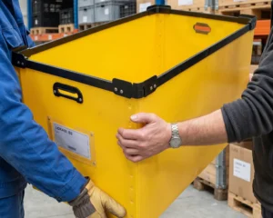 WIP box industri berwarna kuning digunakan pekerja di gudang pabrik FMCG.