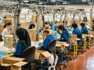 Suasana lantai produksi pabrik FMCG dengan banyak operator di lini assembly. Ilustrasi tanda sistem produksi tidak efisien.