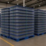 Stack of bottles with PP layer pads in an FMCG company