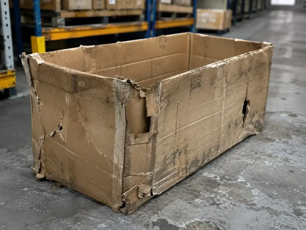 Box WIP berbahan karton yang sudah tidak layak pakai, terlihat penyok, sobek, sudut rusak, permukaan lembap dan kusam.