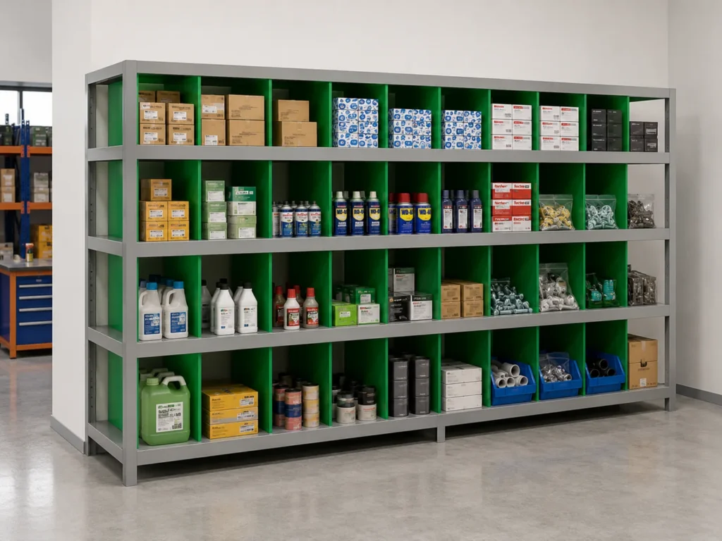 Racking system with ALVAboard shelf dividers