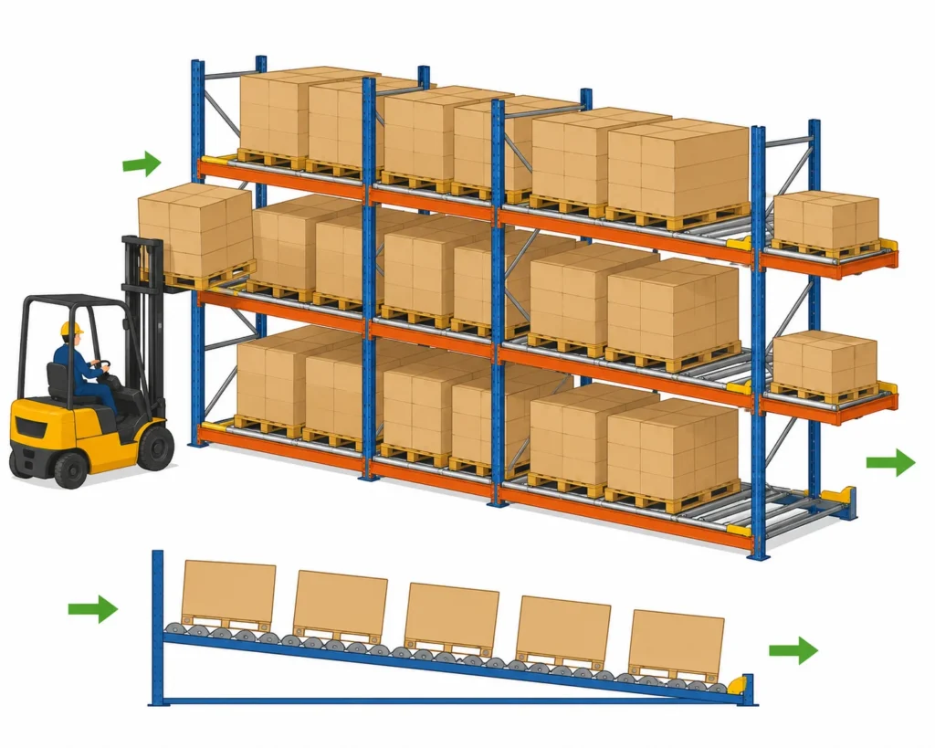 Pallet flow racking workflow illustration