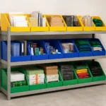 ALVAboard PP plastic bin boxes lined up on the rack.