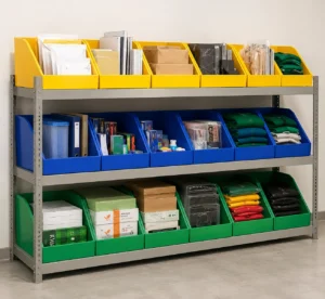 ALVAboard PP plastic bin boxes lined up on the rack.