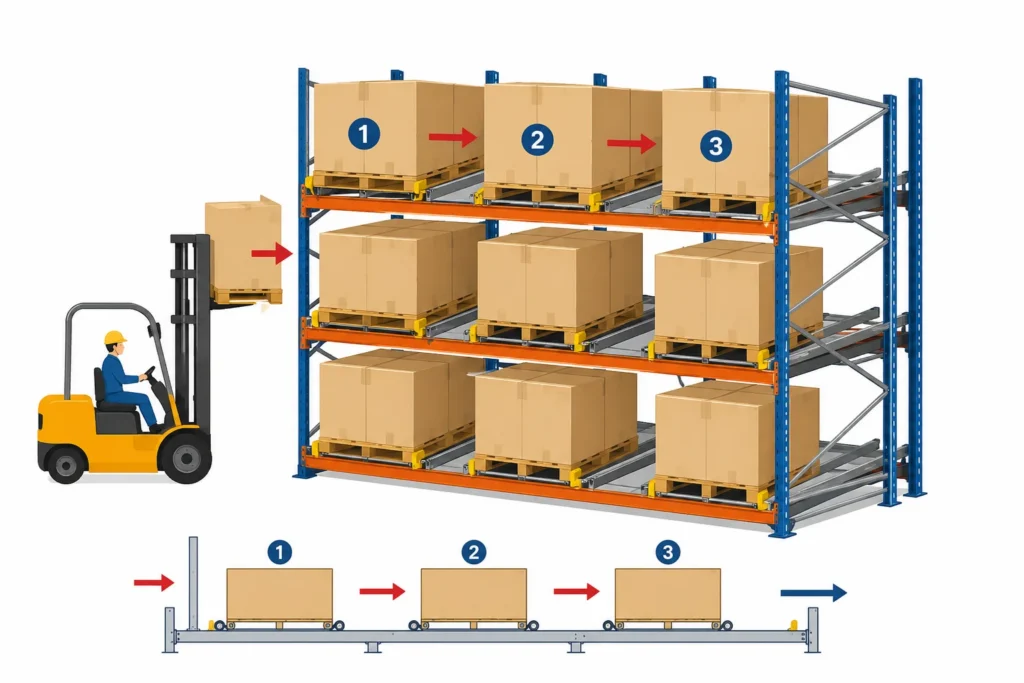 Push back racking workflow illustration