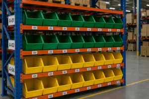 Bin boxes in an industrial warehouse