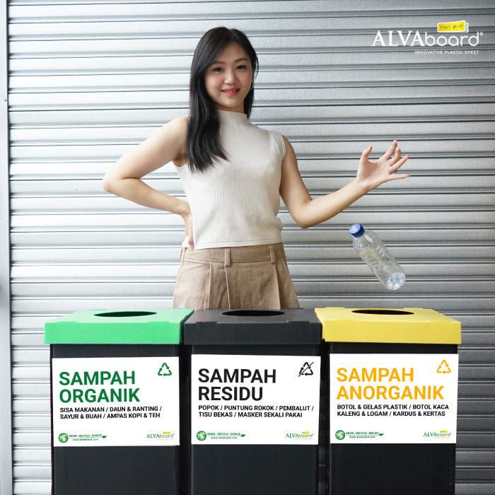 Waste sorting bins for organic, non-organic, and household hazardous waste (B3) categories in the Bandung City area.