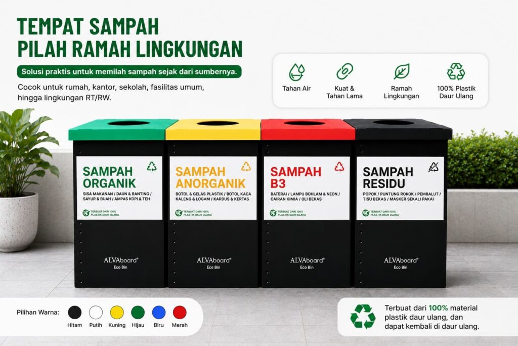 Tempat sampah pilah custom berbahan corrugated plastic ALVAboard yang tahan air untuk rumah, kantor, sekolah, dan lingkungan RT RW.