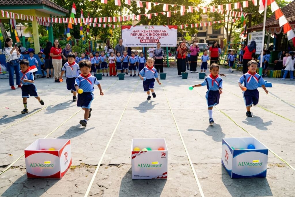 Anak mengikuti lomba memindahkan bola pada perayaan Hari Kemerdekaan Indonesia.