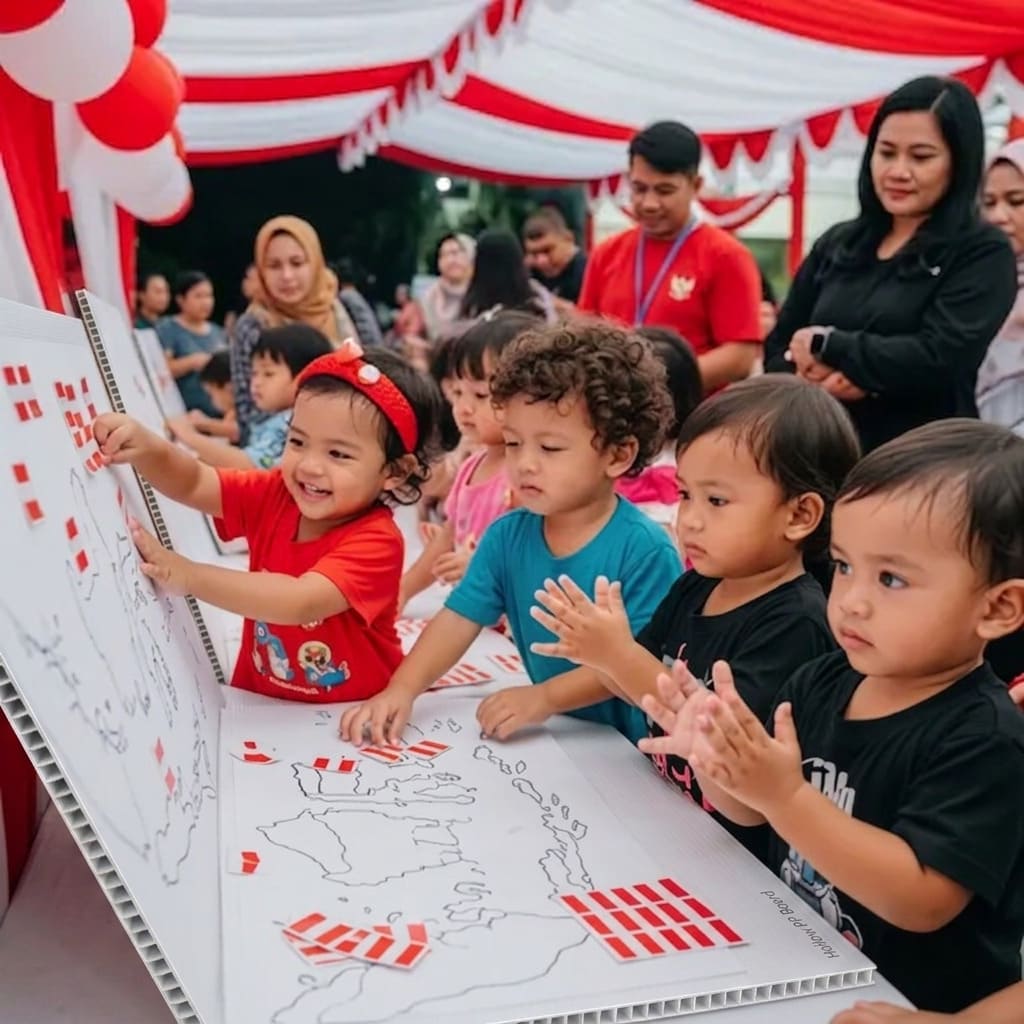 Anak mengikuti lomba menempel stiker pada papan sasaran saat perayaan 17 Agustus di sekolah.
