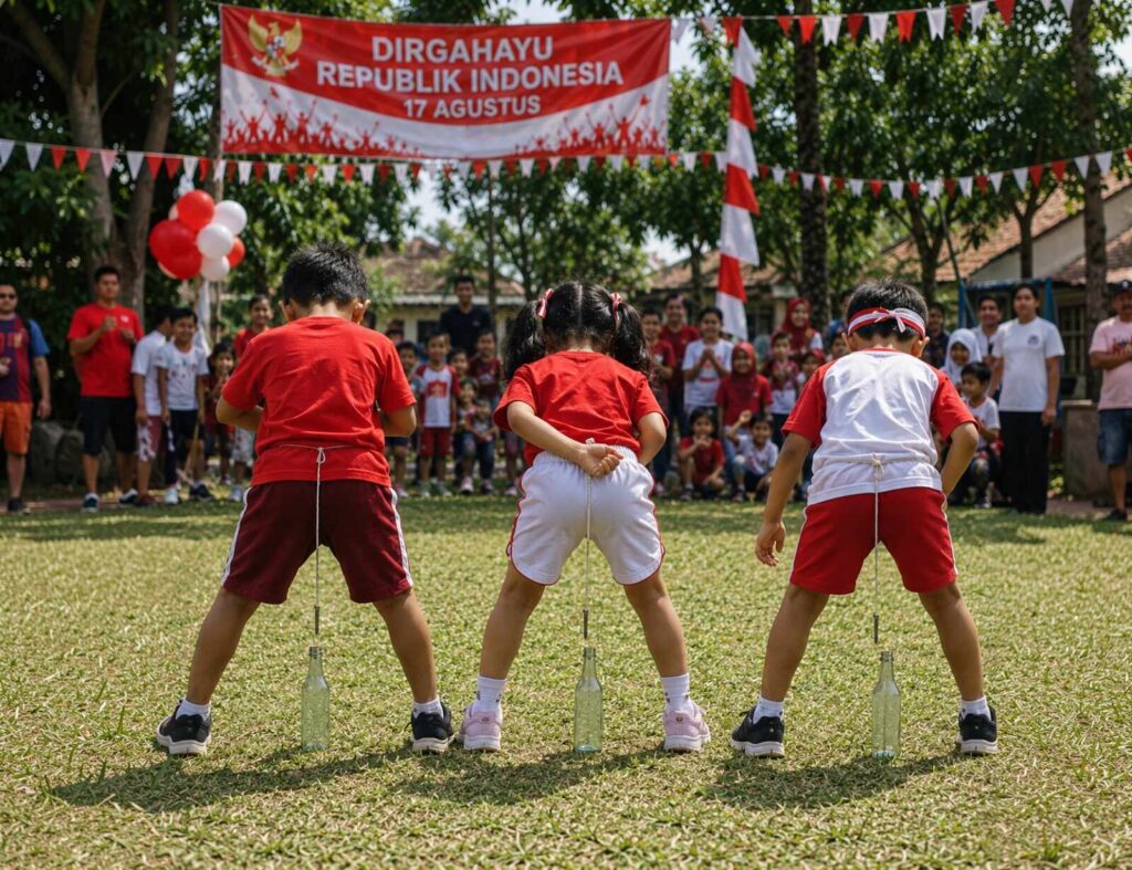 A child participates in the nail-in-the-bottle challenge as an individual game during Indonesia's Independence Day celebration.