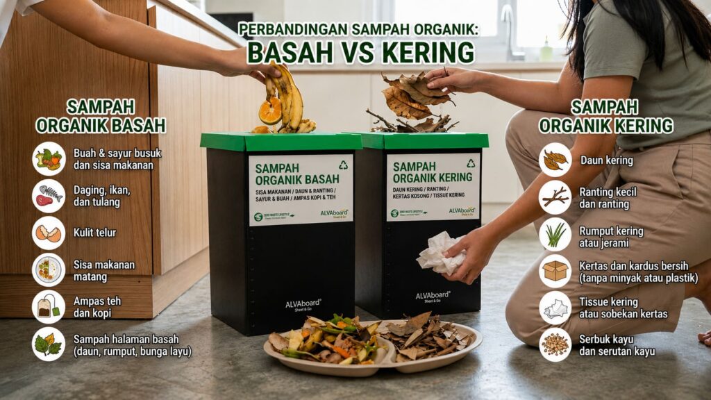 Contoh sampah organik basah dan sampah organik kering sebagai panduan mengenali jenis-jenis sampah organik di rumah.