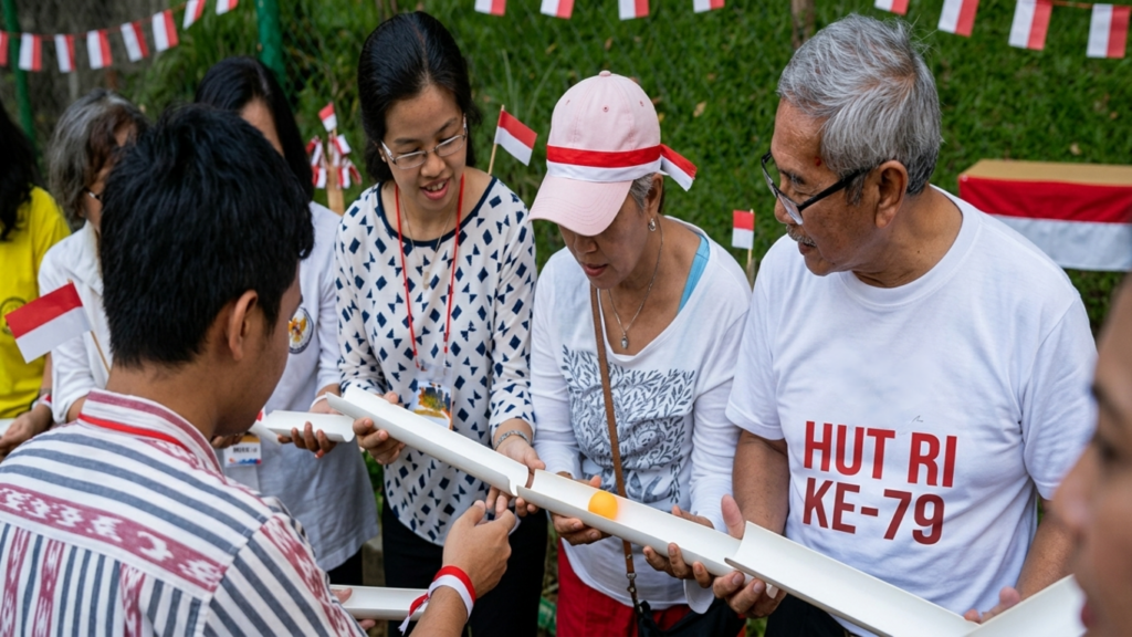 Participants compete in a ball relay using PVC pipe during an Independence Day celebration to improve teamwork and coordination.