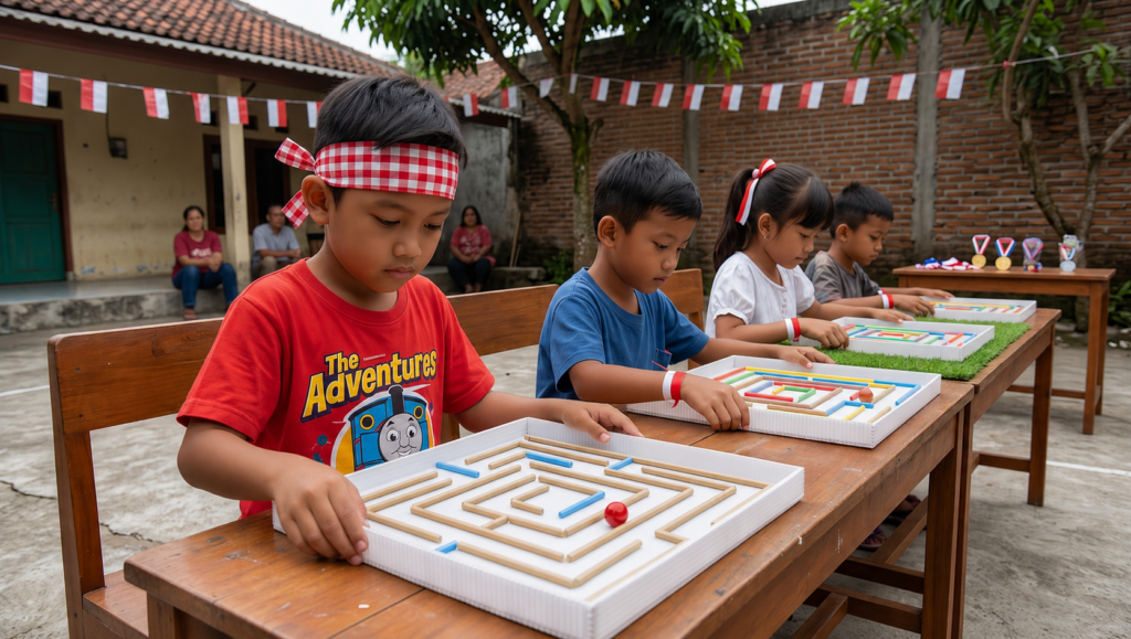 A child plays a ball maze board during an Independence Day competition to improve focus, coordination, and precision.