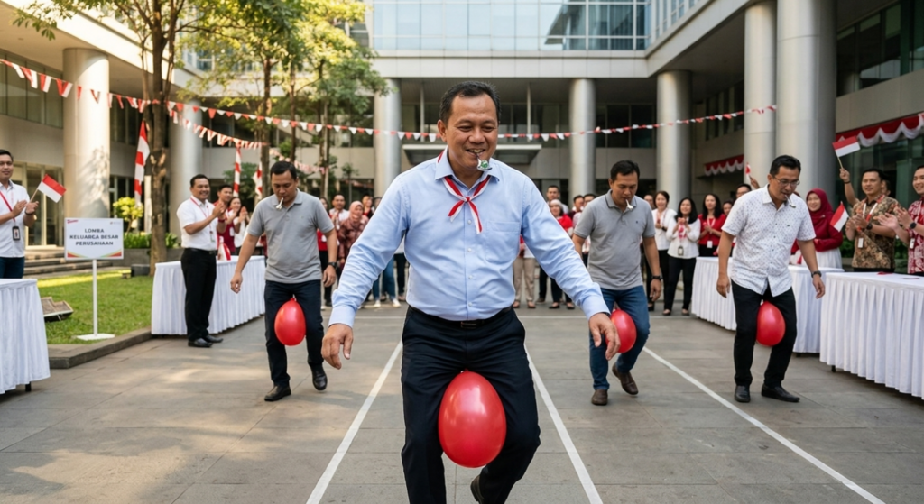 Participants carry a marble on a spoon while holding a balloon between their legs during an Independence Day relay race.