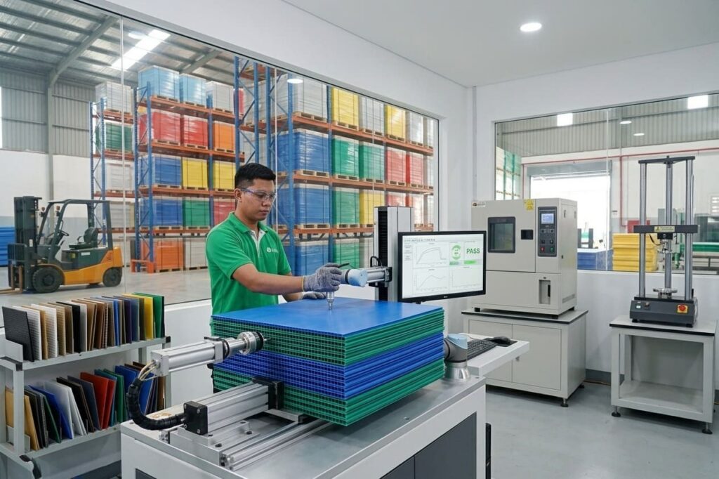 Material strength testing from the No. 1 PP Board supplier in Indonesia, ALVAboard, to ensure consistent quality.