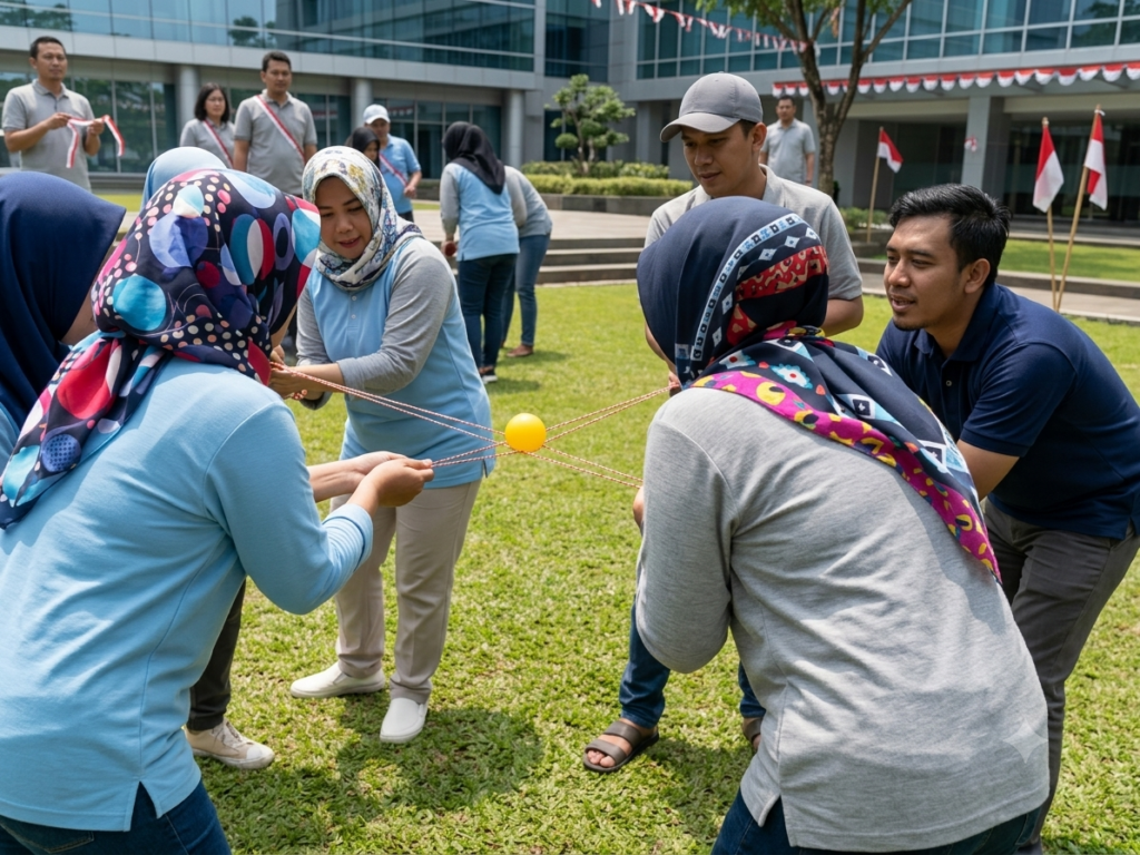 Participants move a ball using ropes in the Fly Ball game, develop coordination, communication, and teamwork during an Independence Day celebration.
