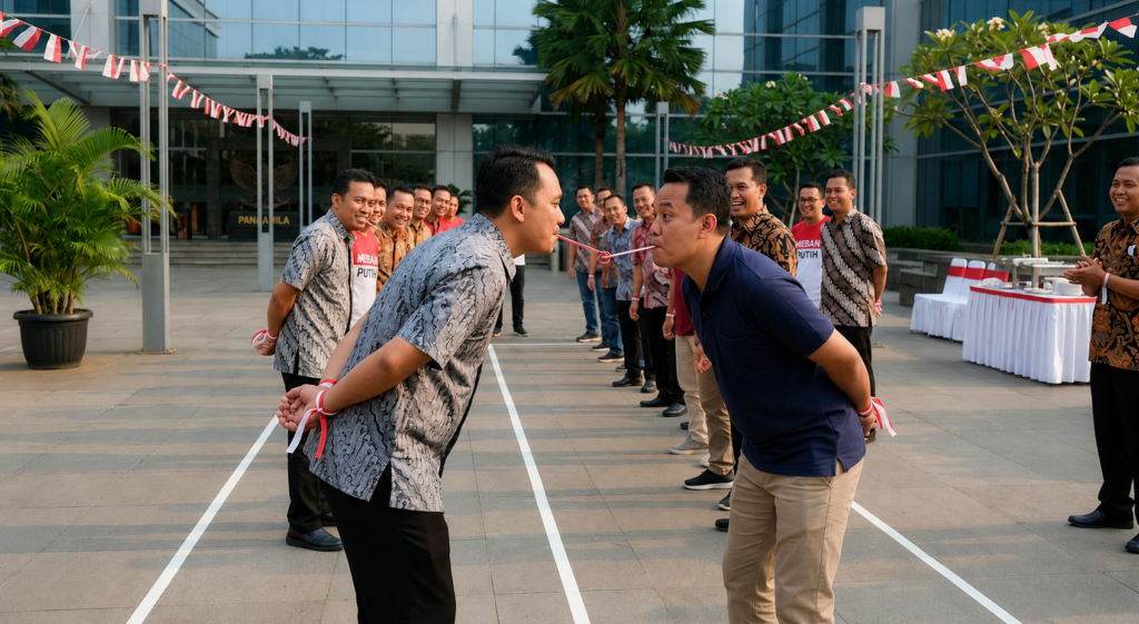 A team competes in a rubber band relay using straws during an Indonesian Independence Day celebration.