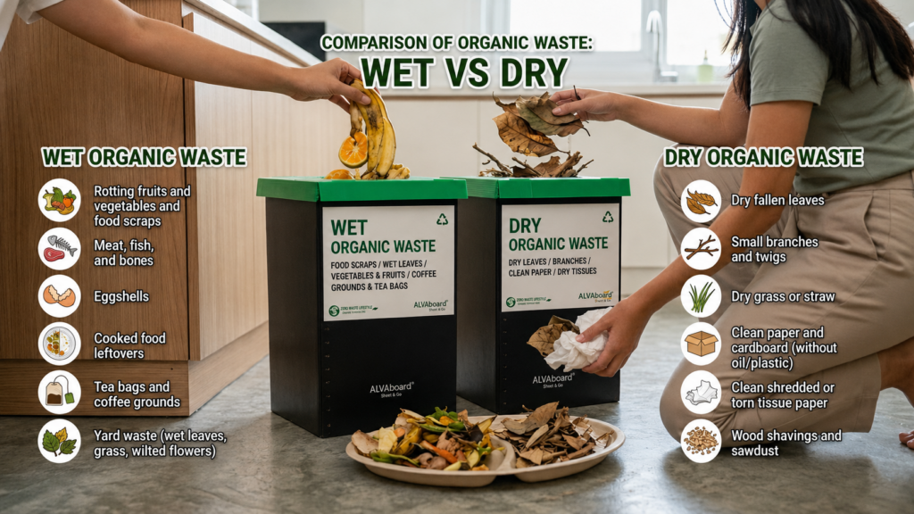 Examples of wet organic waste and dry organic waste as a guide to identifying different types of organic waste at home.
