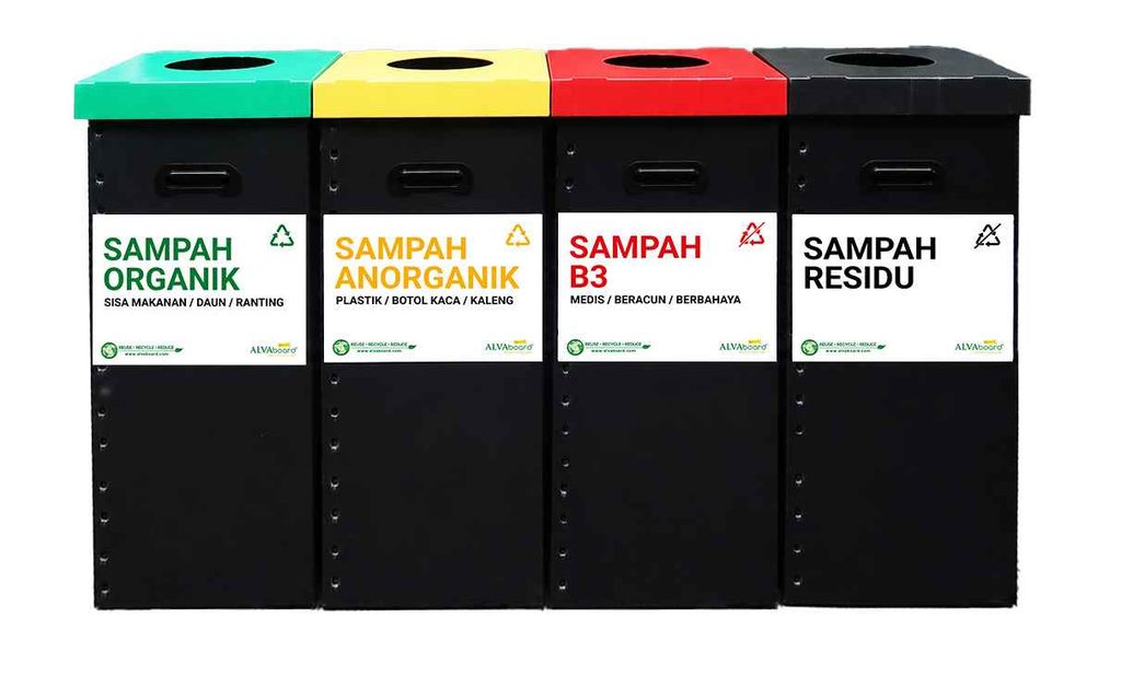 ALVAboard waste-sorting bin set in green, yellow, red, and black for separating different types of waste.