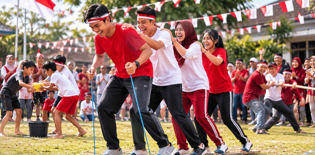 The excitement of the traditional *bakiak* (wooden clog) race celebrating Indonesia's Independence Day on August 17th, adorned with red-and-white flags.