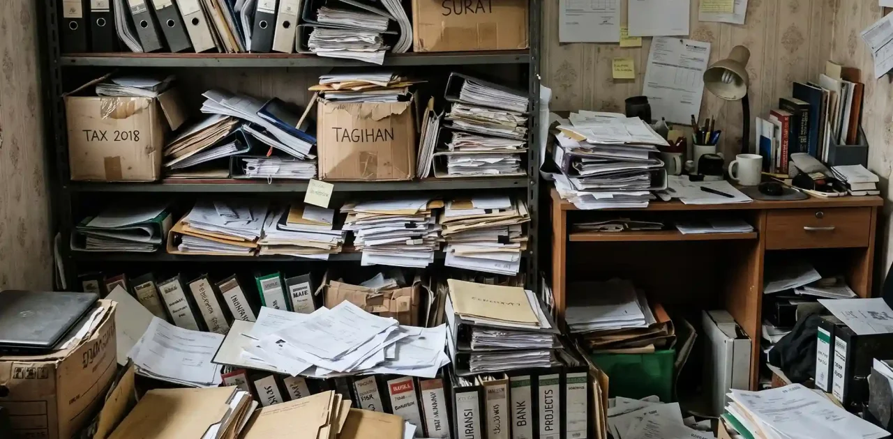 Ruang arsip kantor dengan dokumen berantakan meski sudah diatur.