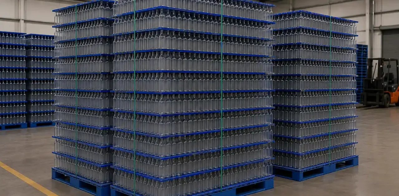 Tumpukan botol dengan PP layer pad di perusahaan FMCG