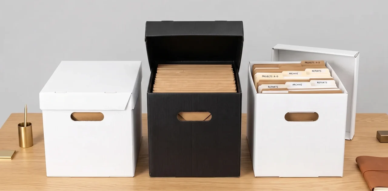 Box arsip dokumen PP Board ALVAboard yang berjejer di meja.