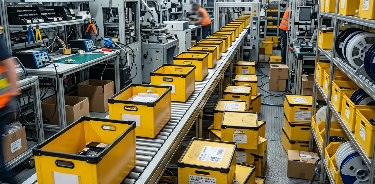 WIP box kuning berlabel batch mengalir di conveyor belt lantai produksi pabrik FMCG sebagai solusi bottleneck manufaktur