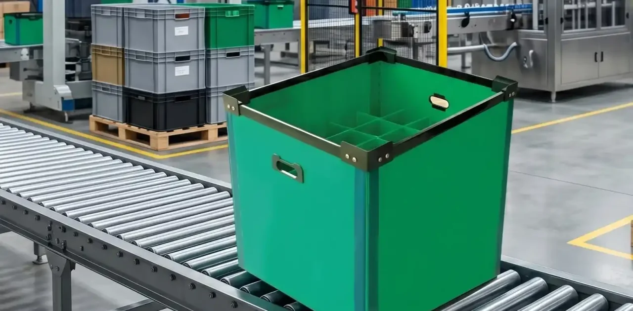 Custom WIP PP box hijau dengan divider di lini produksi pabrik.