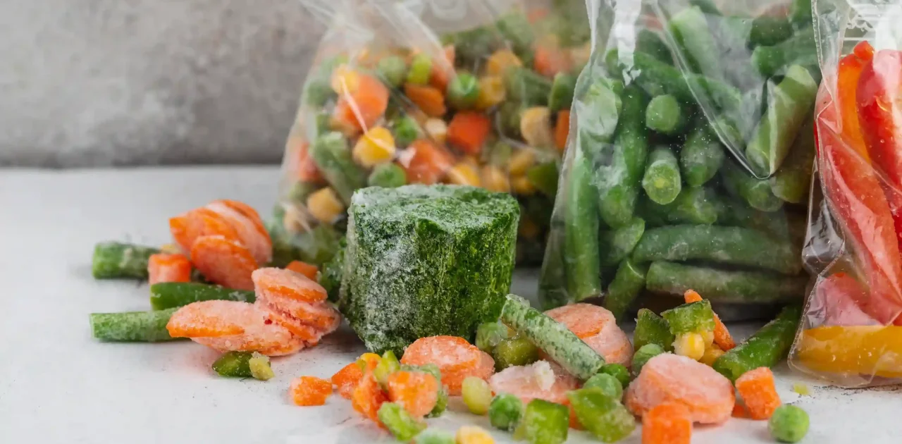 Tampilan close-up sayuran beku yang dikemas dalam berbagai jenis plastik untuk kemasan frozen food.