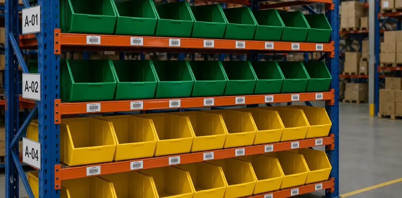 Bin boxes in an industrial warehouse