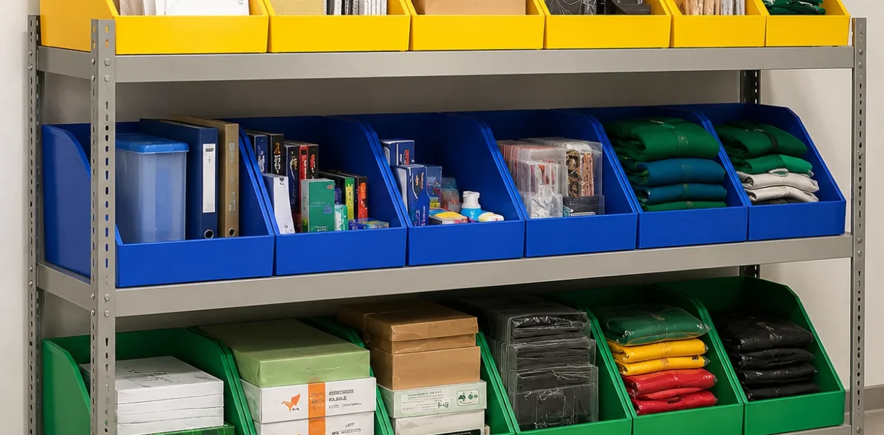 Bin box plastik PP ALVaboard berjejer di rak.